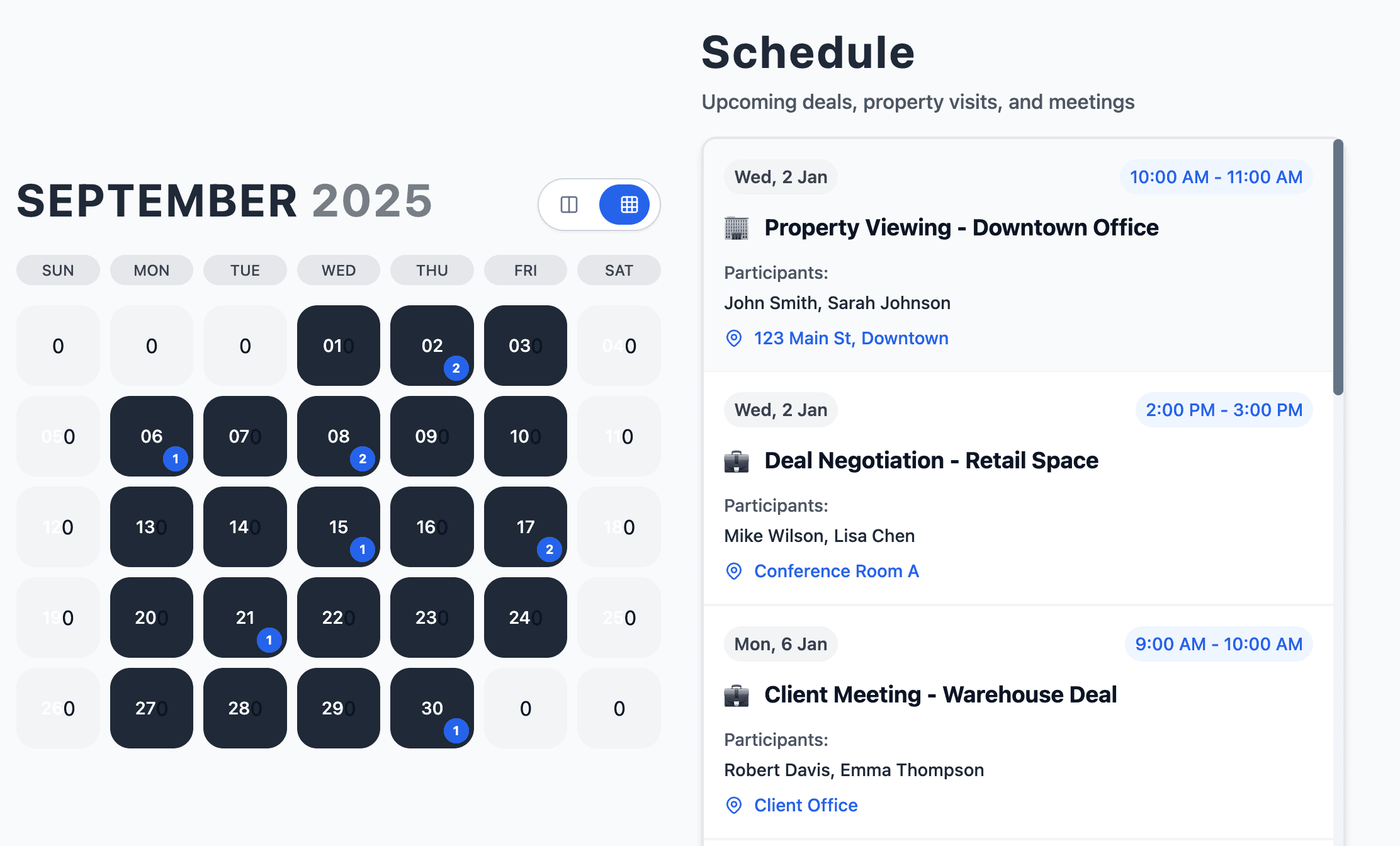 SuiteCRE calendar and schedule view